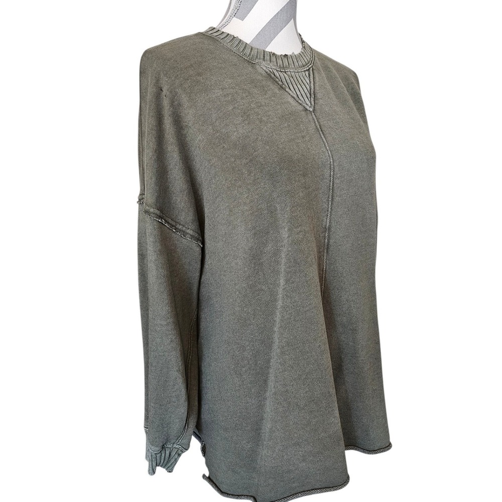 Aerie Womens Oversized Distressed Sweatshirt Olive‎ Green M Crewneck Pullover